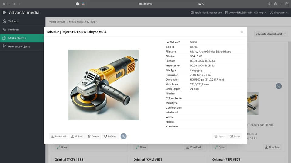 Screenshot einer Software-Benutzeroberfläche zeigt Details zu einem Bild einer gelb-schwarzen Winkelschleifmaschine mit seitlichem Griff.
