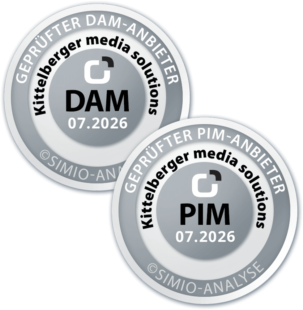 Simio-Siegel: Geprüfter PIM-Anbieter und Geprüfter DAM-Anbieter 07.2026 – Kittelberger media solutions